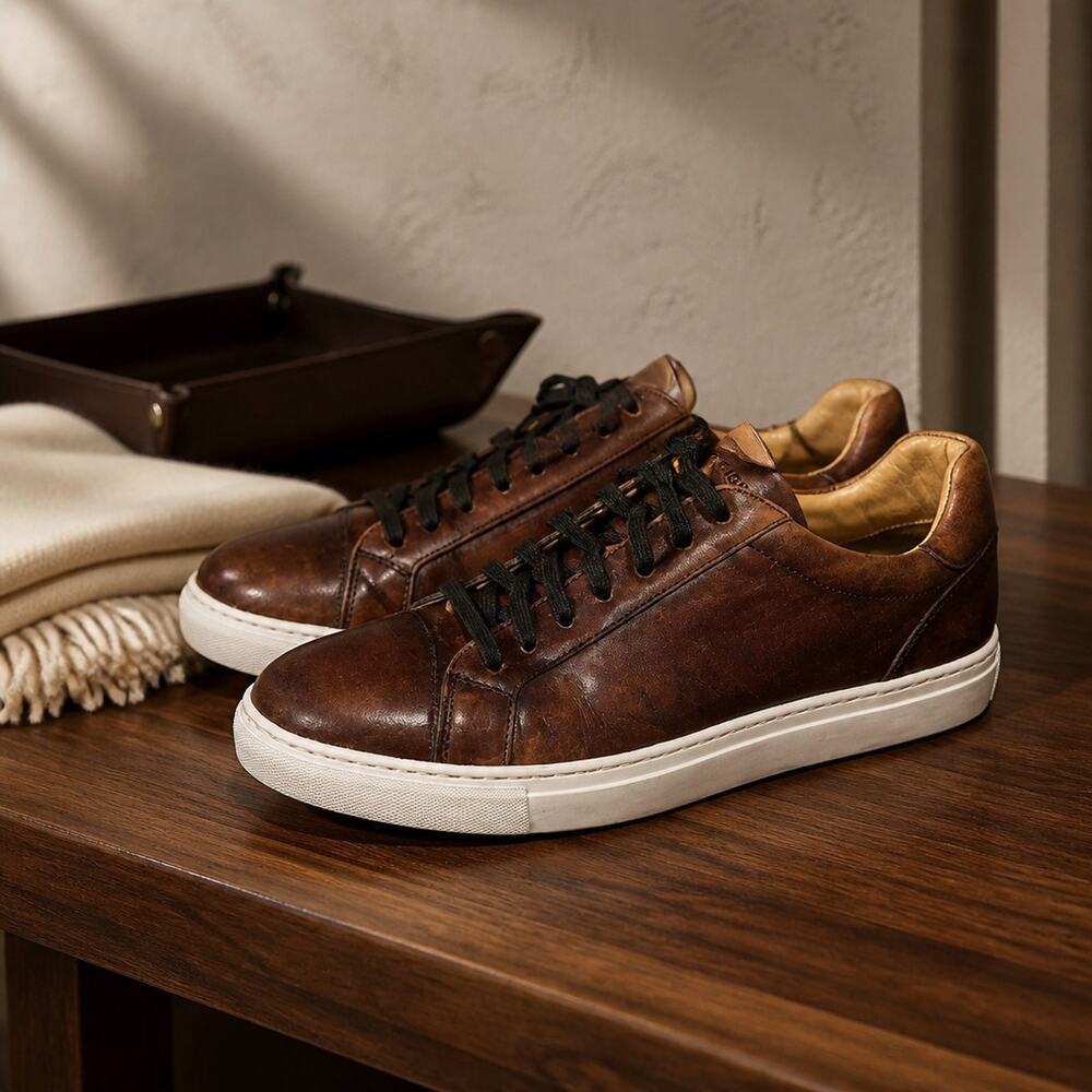 Men's MAGNANNI Low Top Brown Leather Sneaker Size 12 M Lace Up